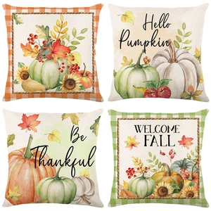 Set of four Thanksgiving linen pillow covers with autumn pumpkin and floral motifs