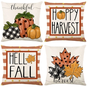 Set of four autumn pumpkin linen pillow covers with Thanksgiving harvest patterns