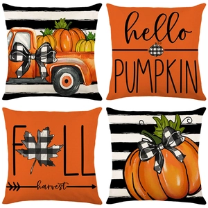 Detail of 4-pack linen pumpkin pillow covers with watercolor truck and maple leaf patterns