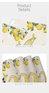 Detailed close-up of lemon and dwarf print on linen dining mat with fiber texture