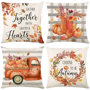 Set of 4 autumn linen pillow covers featuring pumpkins and harvest themes for home decor