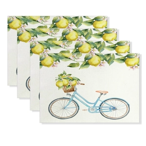 Set of 4 linen placemats with watercolor lemon and vintage bicycle summer prints