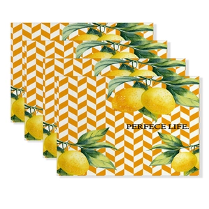 Set of 4 lemon print placemats with orange chevron pattern and Perfect Life text