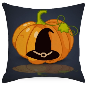 Halloween pumpkin throw pillow case with a witch hat on a dark linen background