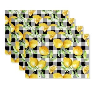 Set of 4 lemon print placemats with buffalo plaid pattern for summer dining decor