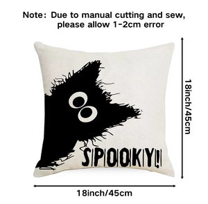 Detail of 18x18 inch linen pillowcase featuring a black cat and Spooky text print