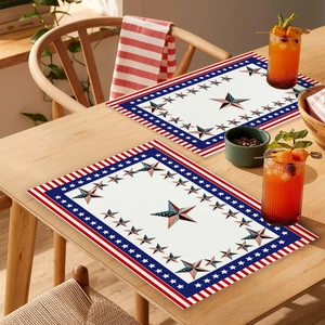 Rectangle placemats with US flag star patterns on a rustic wooden dining table