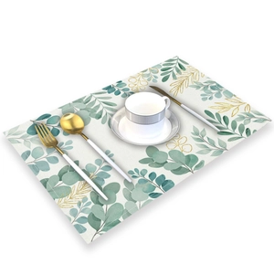 Set de table en coton et lin avec imprimés botaniques verts et motifs de feuilles d'or