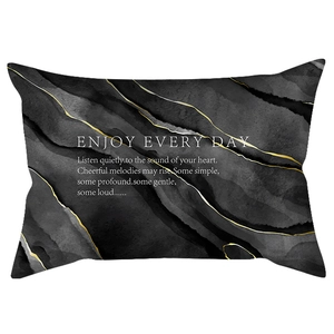 Detail of marble pattern lumbar pillowcase with gold veins and ENJOY EVERY DAY text