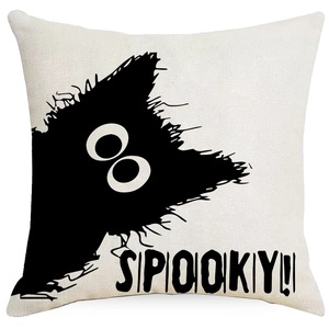 Halloween black cat silhouette linen pillowcase with Spooky text on ivory background