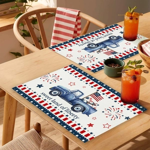 Detail of USA Independence Day placemat with vintage blue truck and patriotic flags