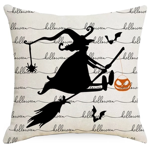 Halloween linen throw pillow cover with black witch, bats and pumpkin silhouette design
