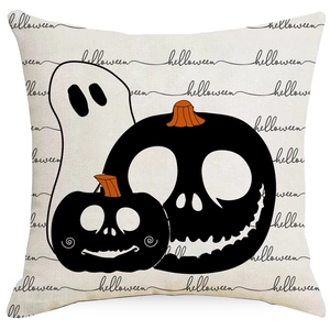 Halloween throw pillow cover featuring white ghost and black pumpkin print on linen