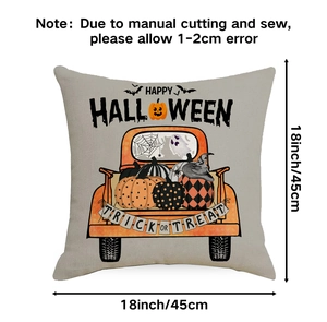 Detail of linen Halloween pillow cover featuring retro truck, pumpkins and Happy Halloween print