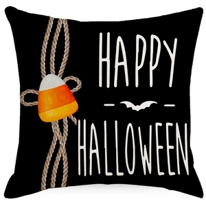 Halloween pillowcase featuring Happy Halloween text and candy corn motifs on black linen