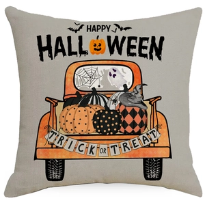 Halloween linen pillowcase with retro orange pickup truck and pumpkin graphic print