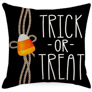 Halloween Trick-or-Treat black linen pillow cover with candy corn print for sofa decor