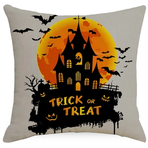 Halloween Trick or Treat linen pillowcase featuring a spooky castle and orange moon design