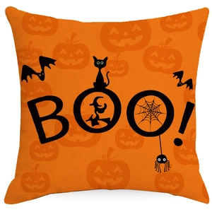 Halloween linen pillow cover with orange Boo! design, black cat and bat decorations