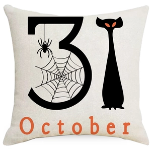 Halloween pillow case featuring a black cat, spider web and October 31 pumpkin print