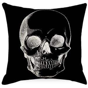 Halloween black linen pillowcase with a white skull print for gothic home decor