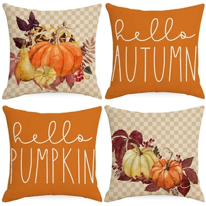 Thanksgiving Pumpkin Linen Pillow Case Autumn Harvest Maple Leaf Plaid Decorative Throw Pillow Cover For Sofa Living Room