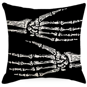 Halloween decorative pillowcase with gothic skeleton hand print on black linen fabric
