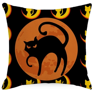 Fodera per cuscino di Halloween in lino con luna arancione e gatto nero decorativo