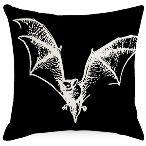 Halloween decorative linen pillowcase with white bat print on black background
