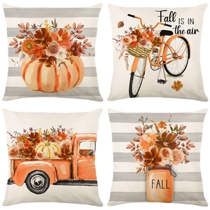Set of 4 fall pumpkin decorative pillow covers with floral and vintage truck patterns