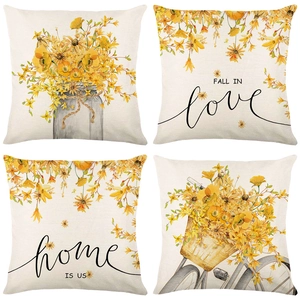 Set of 4 autumn pumpkin and floral linen pillow covers with rustic sunflower print design
