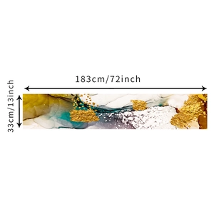 Abstract marble pattern linen table runner with gold texture and ink art 13x72 inch