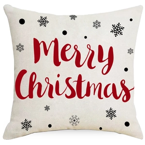 Linen Christmas pillowcase with red Merry Christmas text and black snowflakes