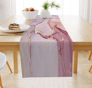 Detailed close-up of marble pattern table runner with gold veins on wooden dining table