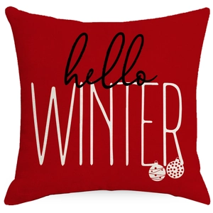 Red Christmas pillow cover with Hello Winter text and minimalist holiday ornaments