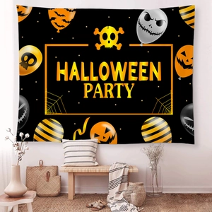 Halloween party background tapestry featuring pumpkin balloons and skulls on a white wall