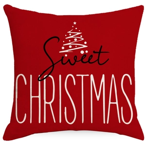 Red Christmas pillowcase with white tree print and Sweet Christmas text on white background