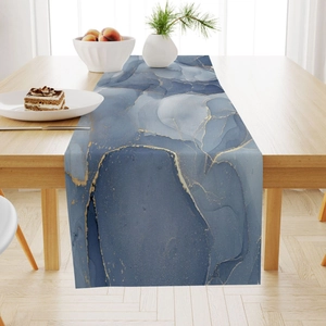Blue marble linen table runner with gold veins for dining table home decor
