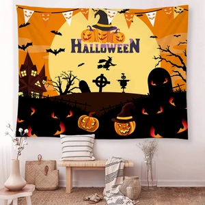 Halloween wall tapestry featuring pumpkin lanterns, castle, and bats for party decoration