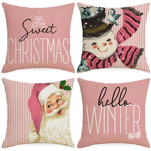 Linen Christmas Pillow Case Pink Vintage Santa Claus Snowman Digital Print Throw Cushion Cover For Sofa Home Living Room