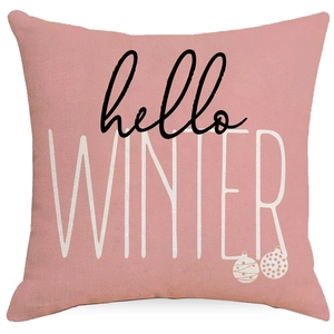 Pink linen Christmas pillow case with hello WINTER text and festive ornaments print