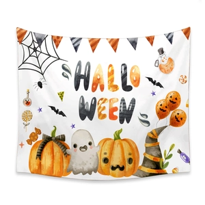 Halloween wall tapestry featuring cute pumpkins, ghosts, and festive elements on white background