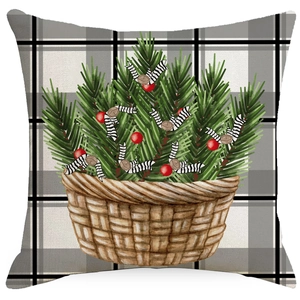 Christmas linen pillow cover with pine branch basket and berries on grey plaid background