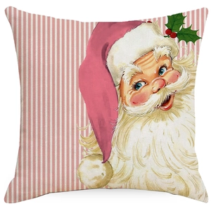 Pink striped Christmas pillow cover featuring a vintage Santa Claus print for home decor