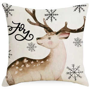 Linen Christmas pillowcase featuring watercolor reindeer with Joy text and black snowflakes