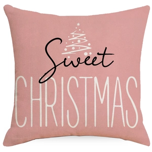Pink linen Christmas pillow case with white geometric tree and Sweet Christmas text design