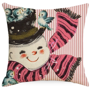 Pink striped Christmas snowman pillow cover with blue birds and linen texture