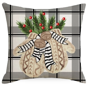 Christmas linen pillowcase with plaid background featuring gloves, bells and pine needles