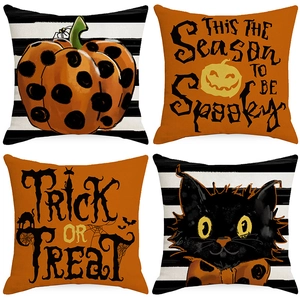 Halloween Linen Pillowcase Pumpkin Black Cat Pattern Trick Or Treat Print Home Decor Cushion Cover For Party Living Room