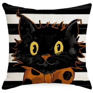 Halloween pumpkin pillowcase featuring black white stripes and cat with orange bow tie